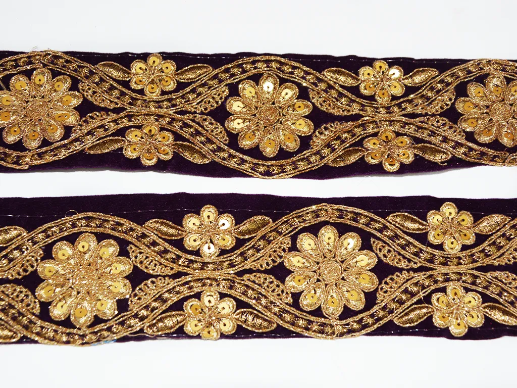 1 Metre Violet Floral Sequins Trim Embroidered Borders