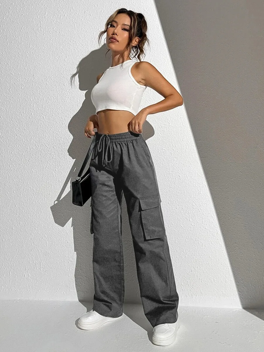 Casual Flap Pocket Drawstring Waist Cargo Pants